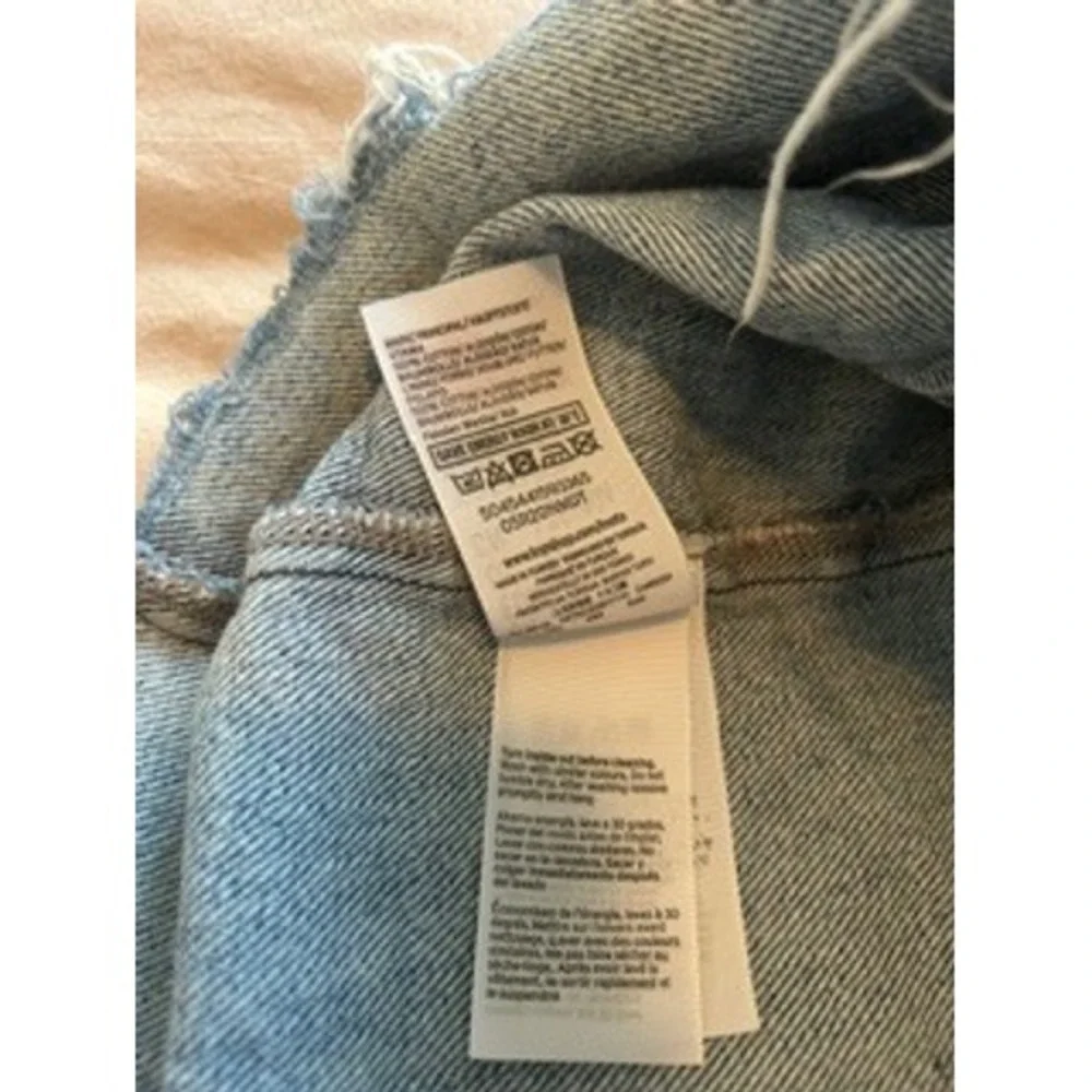 Topshop MOTO Blue Denim Mini Skirt Raw Hem High Waisted Size 10 Medium Wash